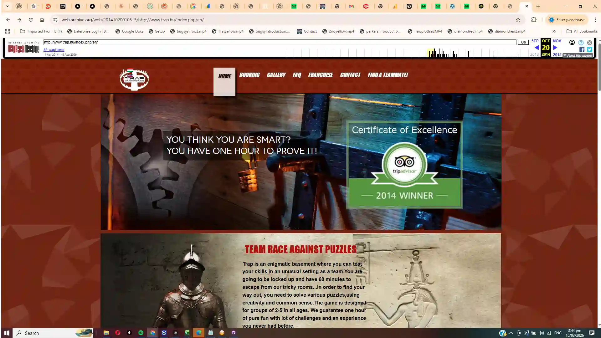 Screenshot from Trap Escape Rooms in Budapest — early escape room website design
